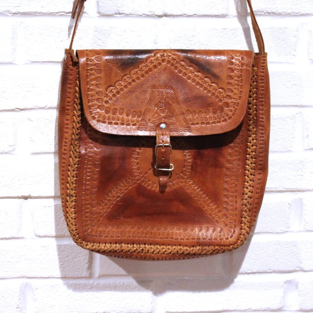 Vintage crossbody leather bag large hand tooled horse Aztec distressed biker bag
